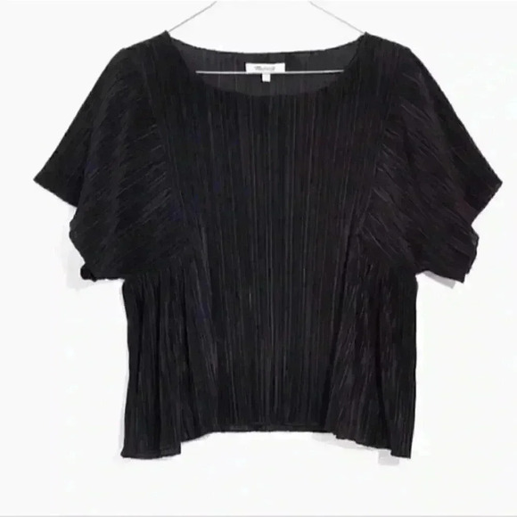 MADEWELL WOMEN'S BLACK SHORT SLEEVE TEXTURE & THREAD MICROPLEAT  TOP XXS - Picture 3 of 4